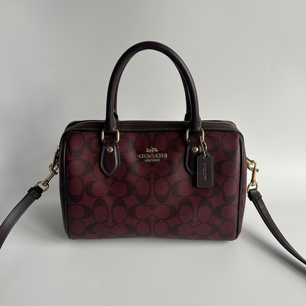 Coach Rowan Satchel Burgundy Signature‎ Canvas Leather Bag Excellent